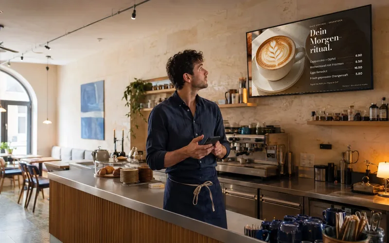 Ein Café bei Tageslicht; an der Wand ein TV mit der Frühstückskarte.