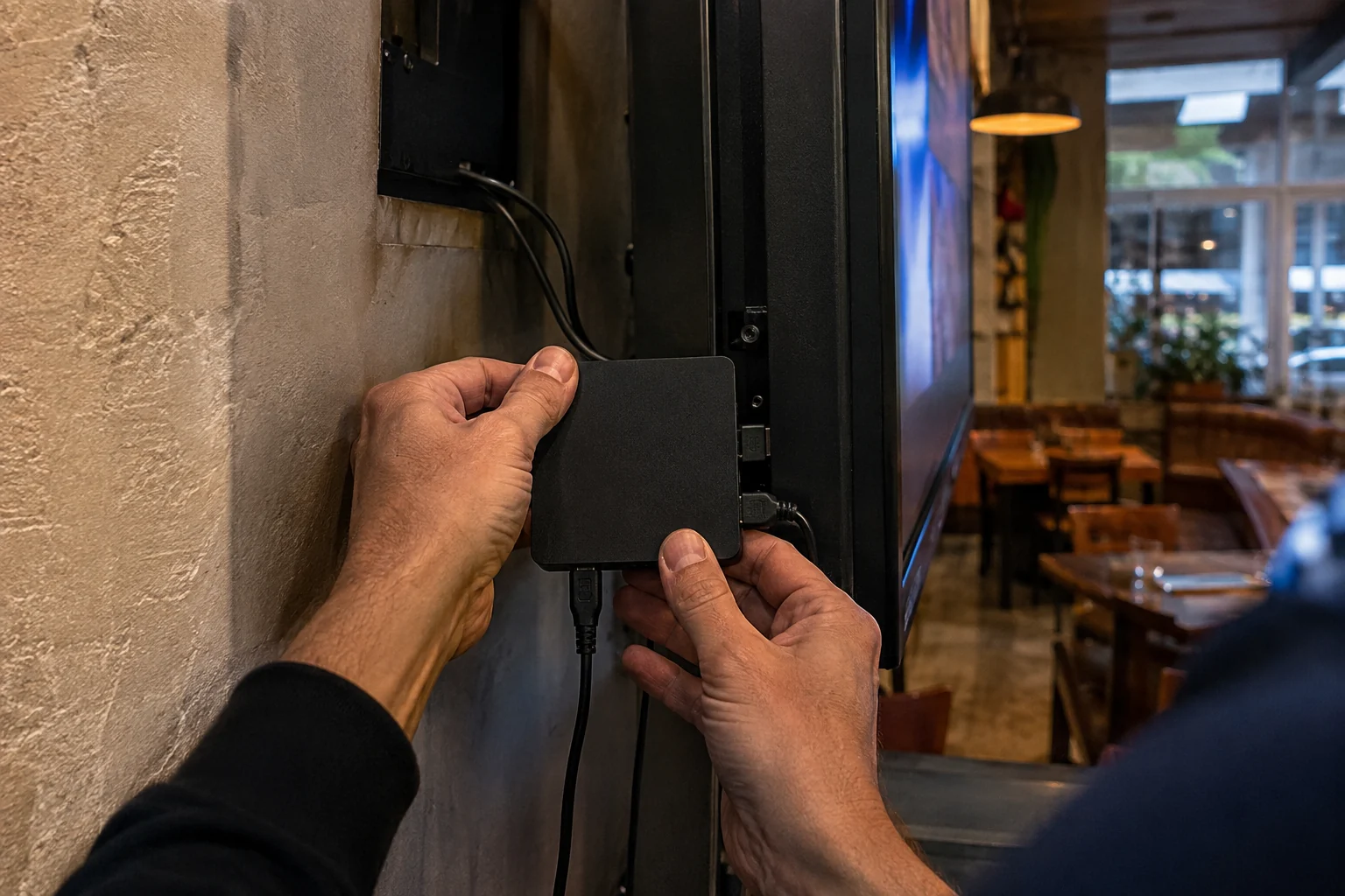 A compact HDMI player installed behind a television.