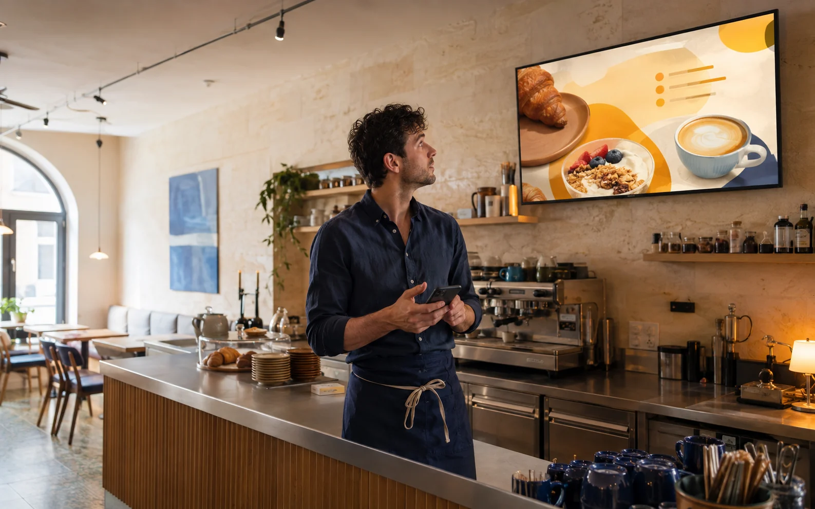 A café owner uses a phone beside a television displaying the menu.